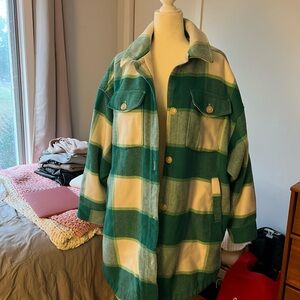Green and White Plaid Oversized Jacket